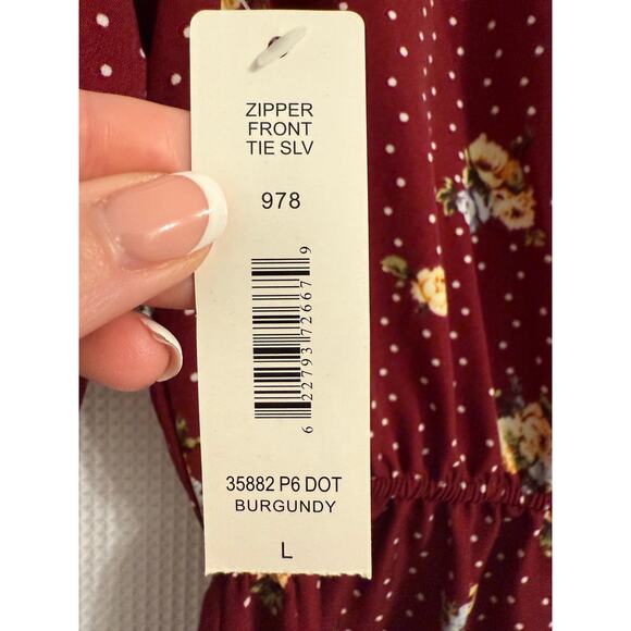 NWT Women's L Cottagecore Floral Polka Dot V Gold Zip Elastic Tie Waist Dress - Picture 8 of 10